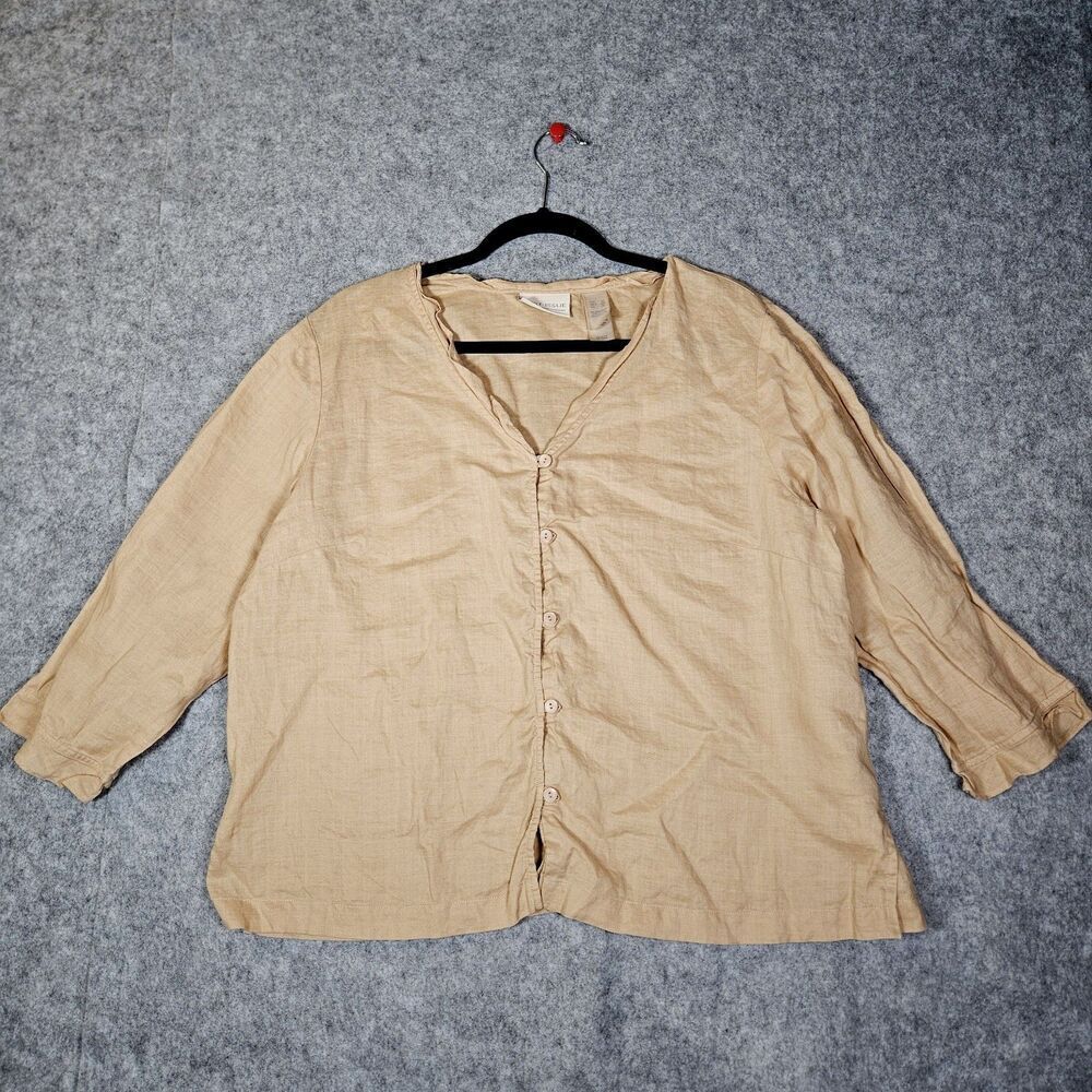 Womens Tan Linen Button‎ Up Shirt Ramie Eco Natural Granola Minimalist Sz XL